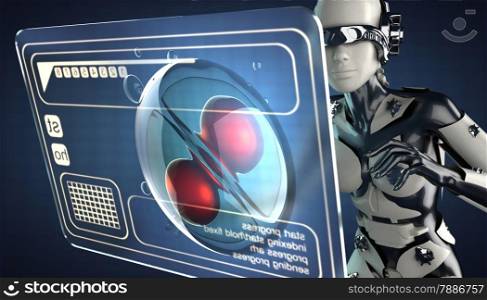 robot woman manipulatihg hologram display