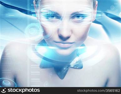 Robot woman with lighting eyes and virtual hologram interfase