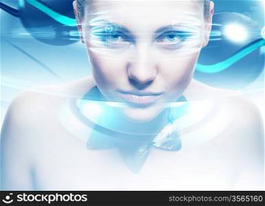 Robot woman with lighting eyes and virtual interfase