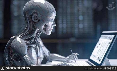 robot work in laptop artificial intelligence search information training education generative ai.