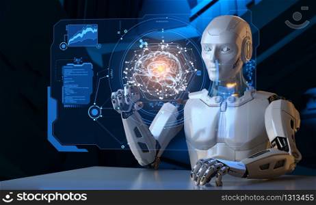 Robot working with futuristic touchscreen. 3D illustration. Robot working with futuristic touchscreen