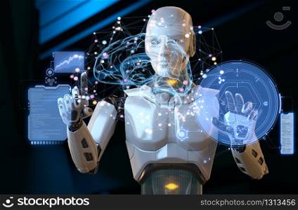 Robot working with futuristic touchscreen. 3D illustration. Robot working with futuristic touchscreen.