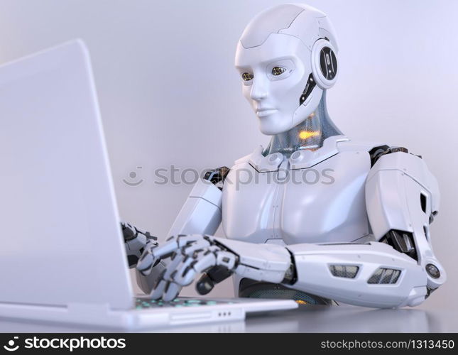 Robot working with laptop. 3D illustration. Robot working with laptop