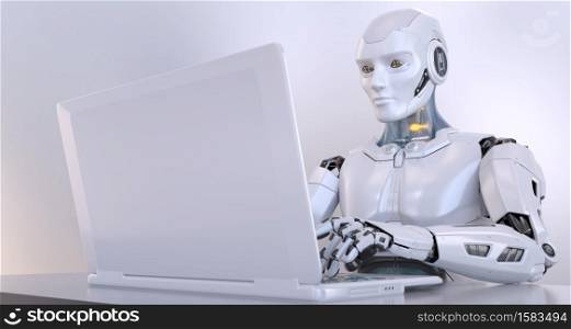 Robot working with laptop. 3D illustration. Robot working with laptop