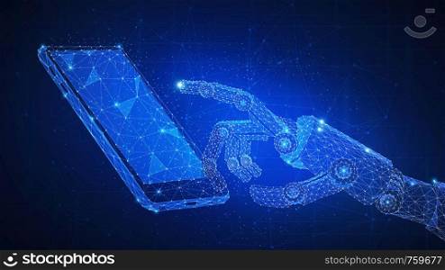 Robotic arm and smartphone futuristic hud background. Polygon robo hand as a concept of automatization, robotic technology, industrial revolution and artificial intelligence. Low poly design.. Robotic arm touching smartphone futuristic hud background.