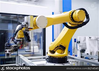 robotic arm assembling complex device in futuristic factory, created with generative ai. robotic arm assembling complex device in futuristic factory