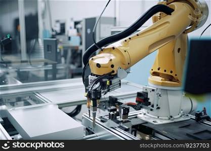 robotic arm assembling electronic device on factory floor, created with generative ai. robotic arm assembling electronic device on factory floor