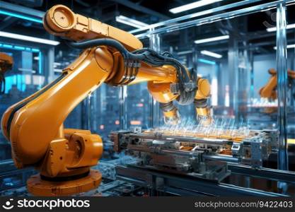 Robotic arm for electronic assembly line. Smart modern factory automation using advanced machines. Generative AI