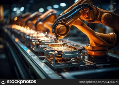 Robotic arm for electronic assembly line. Smart modern factory automation using advanced machines. Generative AI