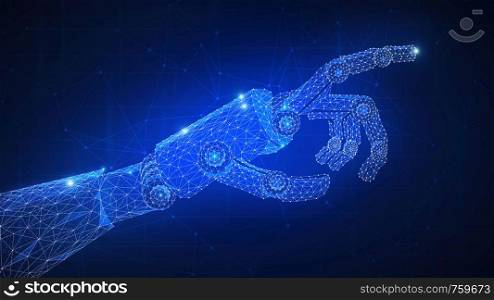 Robotic arm futuristic hud background. Polygon robo hand as a concept of automatization, machinery, robotic technology, industrial revolution and artificial intelligence. Low poly design.. Robotic arm futuristic hud background.