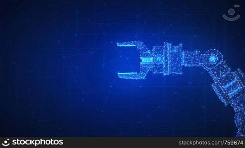 Robotic arm futuristic hud background. Polygon robo hand as a concept of automatization, machinery, robotic technology, industrial revolution and artificial intelligence. Low poly design.. Robotic arm futuristic hud background.