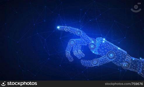 Robotic arm futuristic hud background. Polygon robo hand as a concept of automatization, machinery and robotic technology, industrial revolution and artificial intelligence. Low poly design.. Robotic arm futuristic hud background.