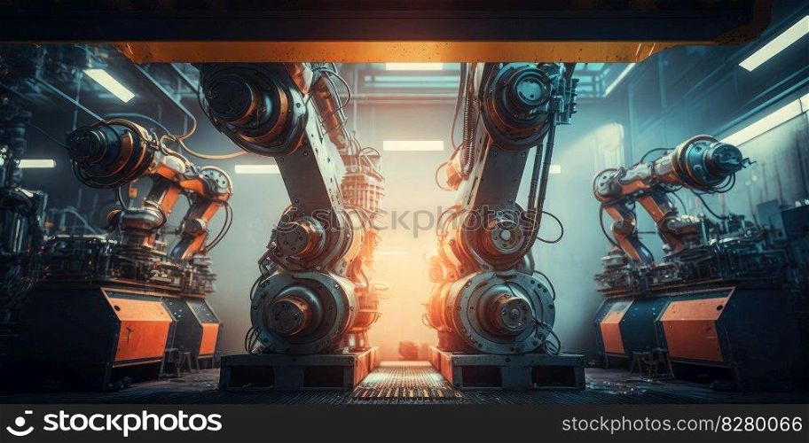 Robotic arm in factory production line controlled by computer software. distinct generative AI image.. Robotic arm in factory production line controlled by computer software