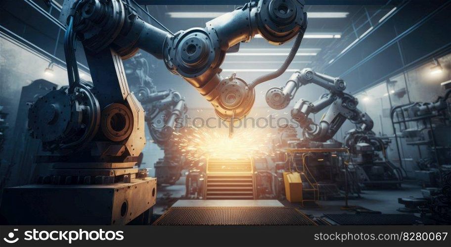 Robotic arm in factory production line controlled by computer software. distinct generative AI image.. Robotic arm in factory production line controlled by computer software