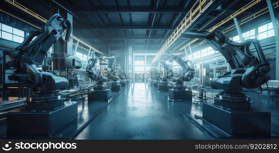 Robotic arm in factory production line controlled by computer software. distinct generative AI image.. Robotic arm in factory production line controlled by computer software