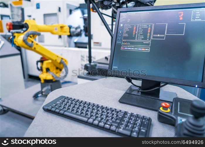 Robotic Arm modern industrial technology. Automated production c. Robotic Arm production lines modern industrial technology. Automated production cell.