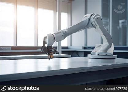 robotic arm moving parts from station to station in precise, efficient motion, created with generative ai. robotic arm moving parts from station to station in precise, efficient motion