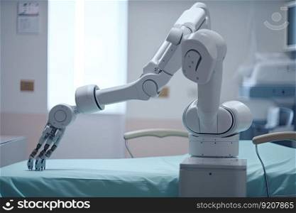 robotic arm performing delicate on patient, created with generative ai. robotic arm performing delicate on patient