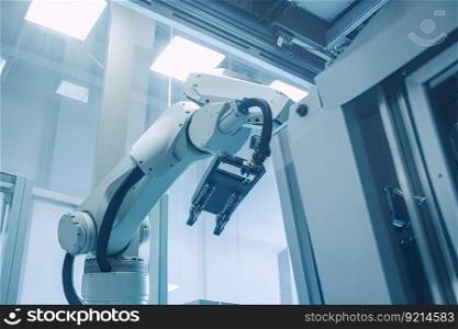 robotic arm, reaching into cleanroom and retrieving delicate equipment, created with generative ai. robotic arm, reaching into cleanroom and retrieving delicate equipment