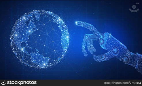 Robotic arm touching globe futuristic hud background. Polygon robo hand as a concept of automatization, robotic technology, industrial revolution and artificial intelligence. Low poly design.. Robotic arm touching world globe futuristic hud background.