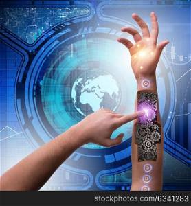 Robotic hand pressing button in futuristic concept