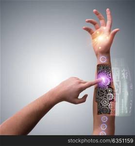 Robotic hand pressing button in futuristic concept