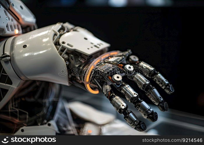 robotic hand, with safety features such as stop switches and pressure sensors, gripping ball, created with generative ai. robotic hand, with safety features such as stop switches and pressure sensors, gripping ball