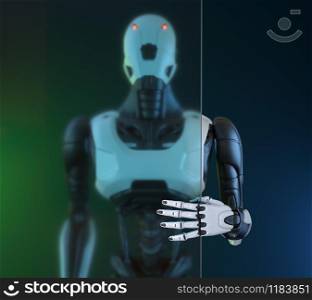 Robotstands in front of glass wall. 3D illustration. Robotstands in front of glass wall