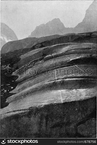 Roches moutonnees in the valley of Bergell, vintage engraved illustration. From the Universe and Humanity, 1910.