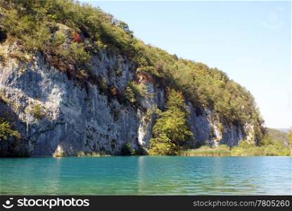 Rock and lake in Plitvice park, Croatia