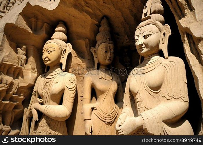  rock carved buddha statues at Yungang Grottoes, one of the most famous ancient Buddhist sculptural sites in China and world heritage site created by generative AI