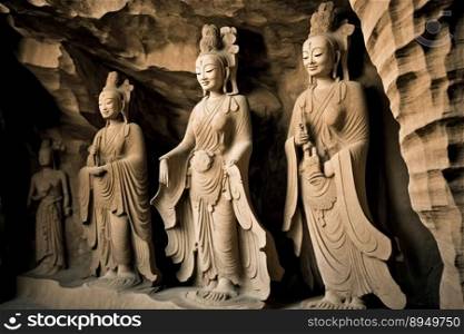  rock carved buddha statues at Yungang Grottoes, one of the most famous ancient Buddhist sculptural sites in China and world heritage site created by generative AI