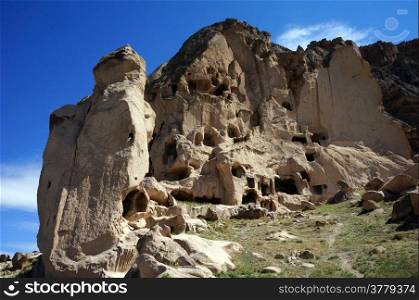 Rock church in mountain near village Selime in Cappadocia, Turkey