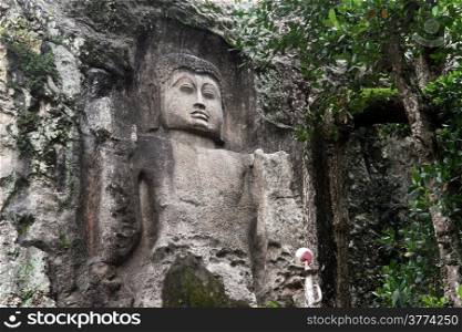 Rock cut standing Buddha in Dhowa temple near Bandatrawela, Sri Lanka