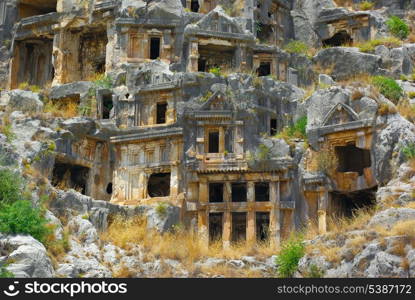 Rock-cut tombs in ancient town Myra. Turkey.