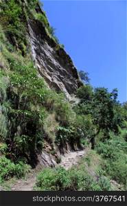 Rock footpath near mount on the Manaslu trek in Nepal