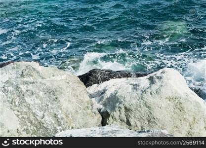 Rock formations in the sea, Italian Riviera, Mar Ligure, Genoa, Liguria, Italy