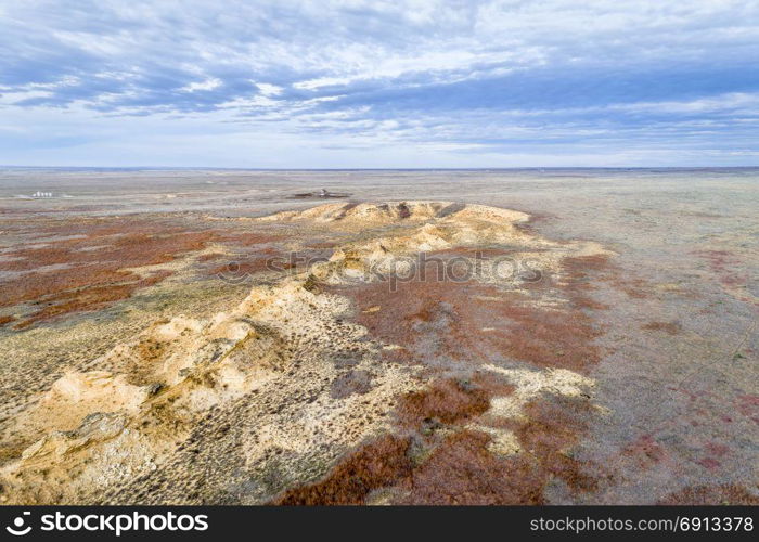 rock formations in western Kansas prairie near Monument Rocks landmark, aerial view with a fall scenery