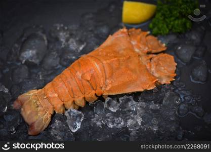 Rock Lobster Moreton Bay Bug, Flathead lobster shrimps on ice, Fresh slipper lobster flathead boiled for cooking in the seafood restaurant kitchen or seafood marke