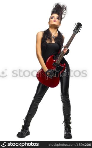 Rock musician woman isolated on white
