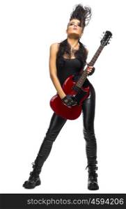 Rock musician woman isolated on white