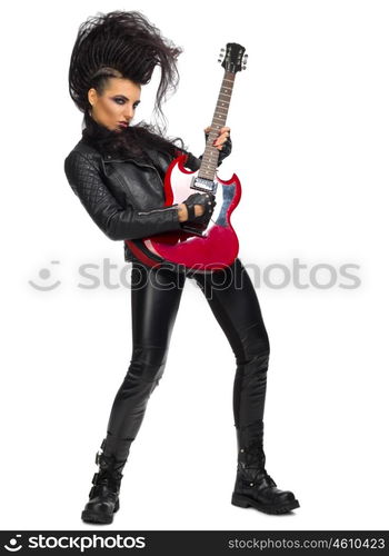 Rock musician woman isolated on white