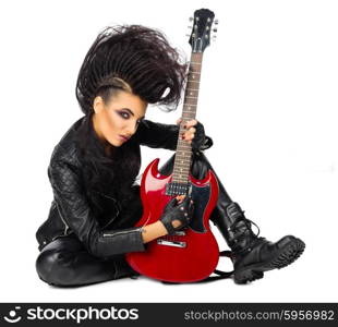 Rock musician woman isolated on white