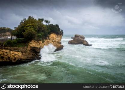 Rock of Basta during a storm. City of Biarritz, France. Rock of Basta and seaside in biarritz