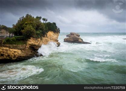 Rock of Basta during a storm. City of Biarritz, France. Rock of Basta and seaside in biarritz