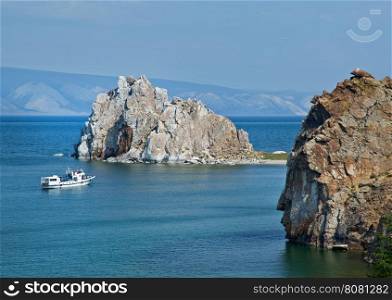 Rock Shamanka at headland Burhan .Olkhon island, lake Baikal, Siberia, Russia