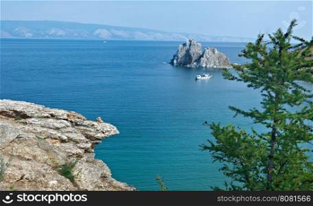 Rock Shamanka at headland Burhan .Olkhon island, lake Baikal, Siberia, Russia