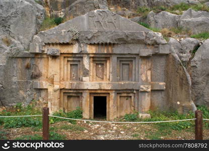 Rock tomb and mount in Myra, Turkey