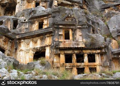 Rock tombs and face of mount in Myra, Turkey