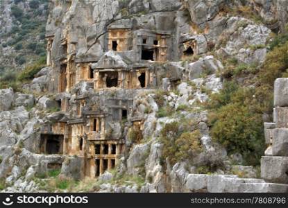 Rock tombs and mount in Myra, Turkey
